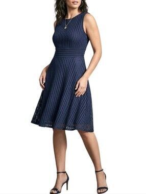Gabby Skye Navy Blue Textured Eyelet Lace Fit & Flare Mini Dress Womens Size 8